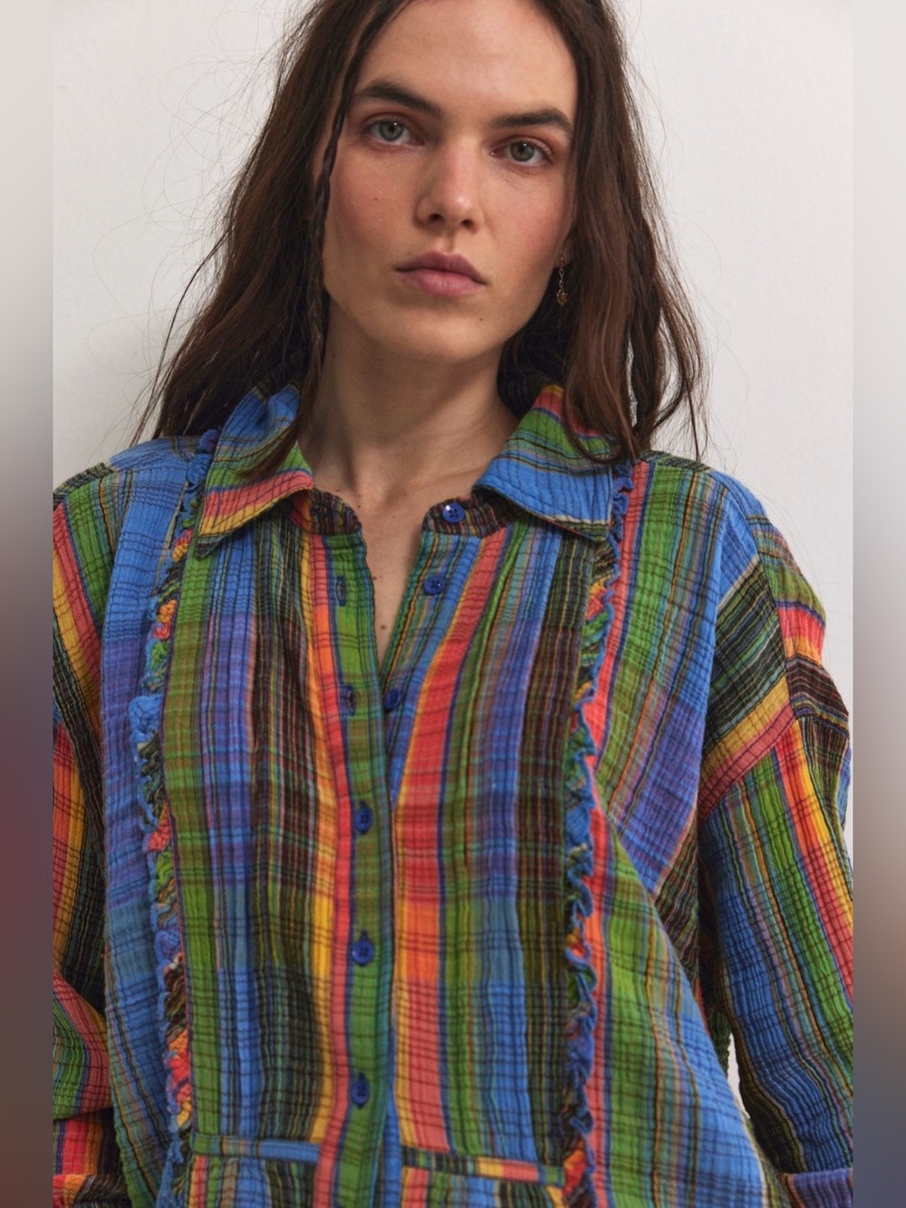 NWT Free People S We the Free Madras Top Blue Combo Button Down Cotton Oversized - Picture 4 of 7